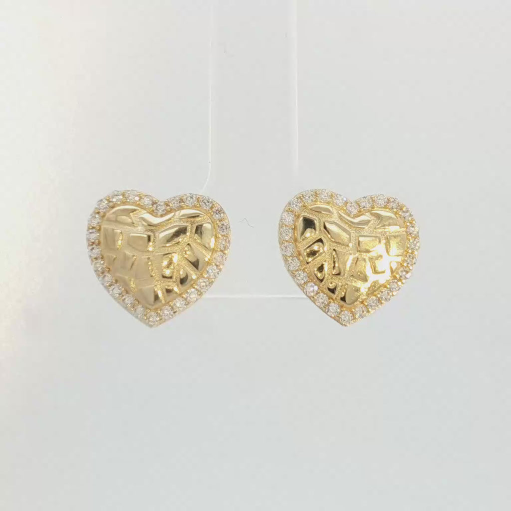14K Puff Heart Nugget Stud Earrings with Round Cut Cubic Zirconia