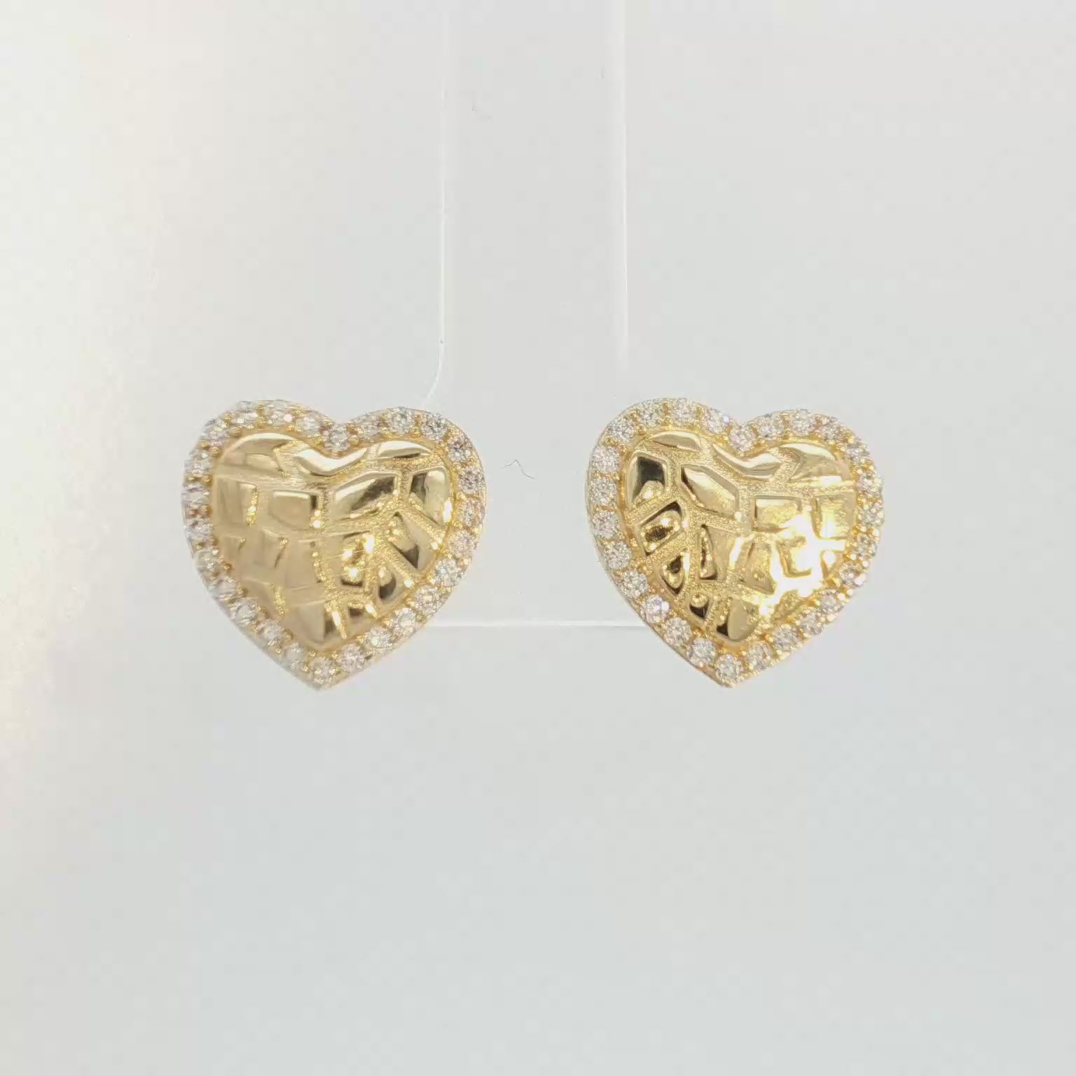 14K Puff Heart Nugget Stud Earrings with Round Cut Cubic Zirconia