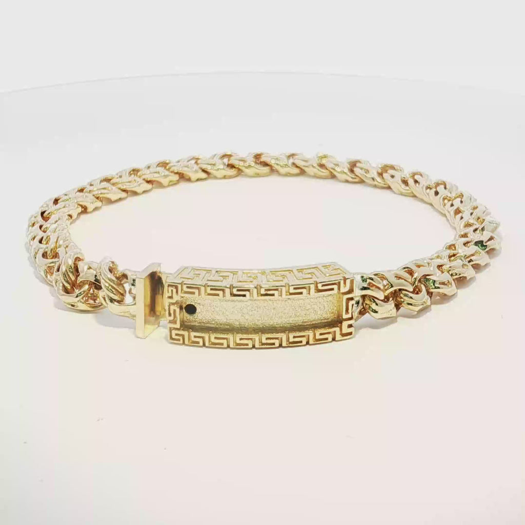14K Gold Solid Yellow Gold Chino Link Bracelet with Greek Key Design 6.5mm.
