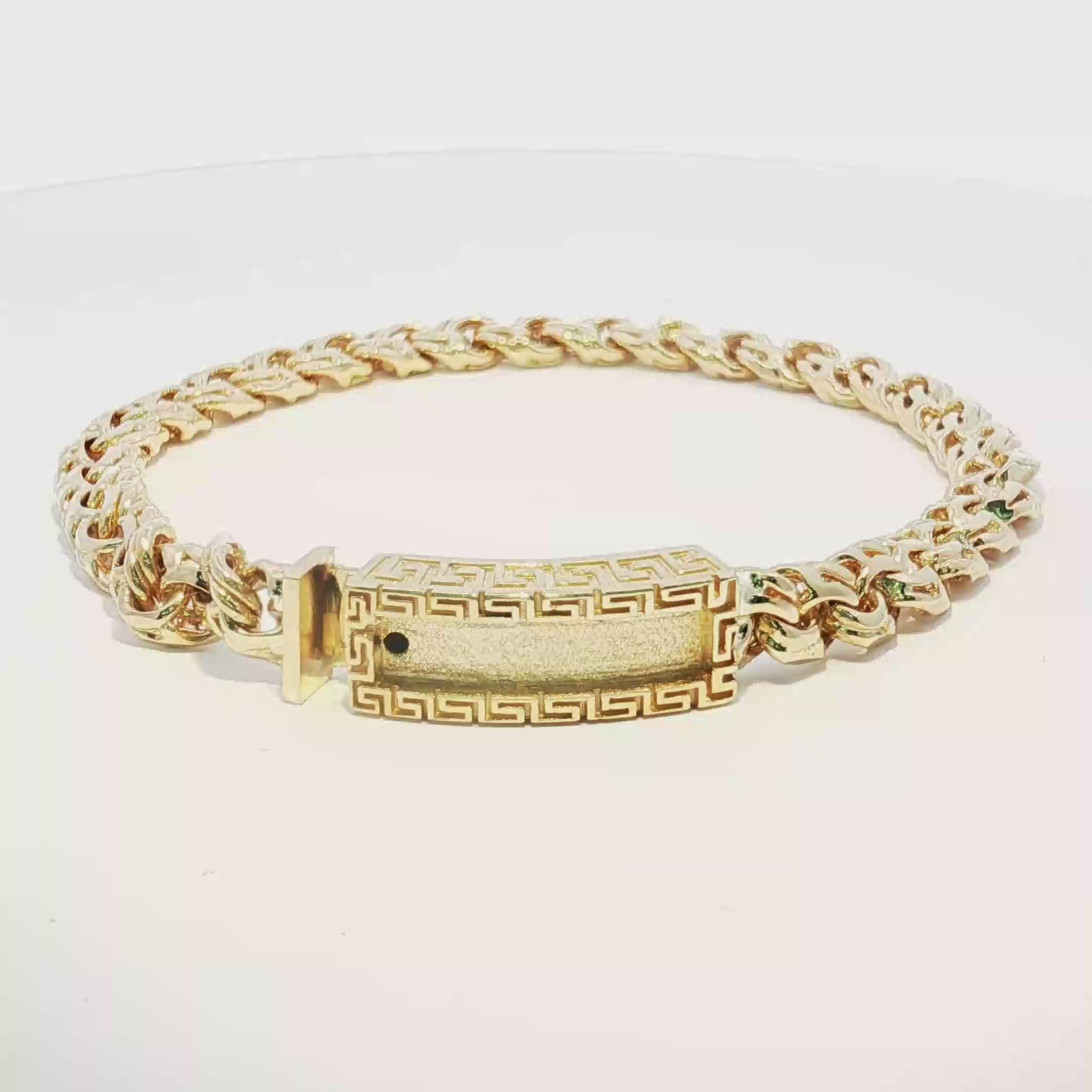 14K Gold Solid Yellow Gold Chino Link Bracelet with Greek Key Design 6.5mm.