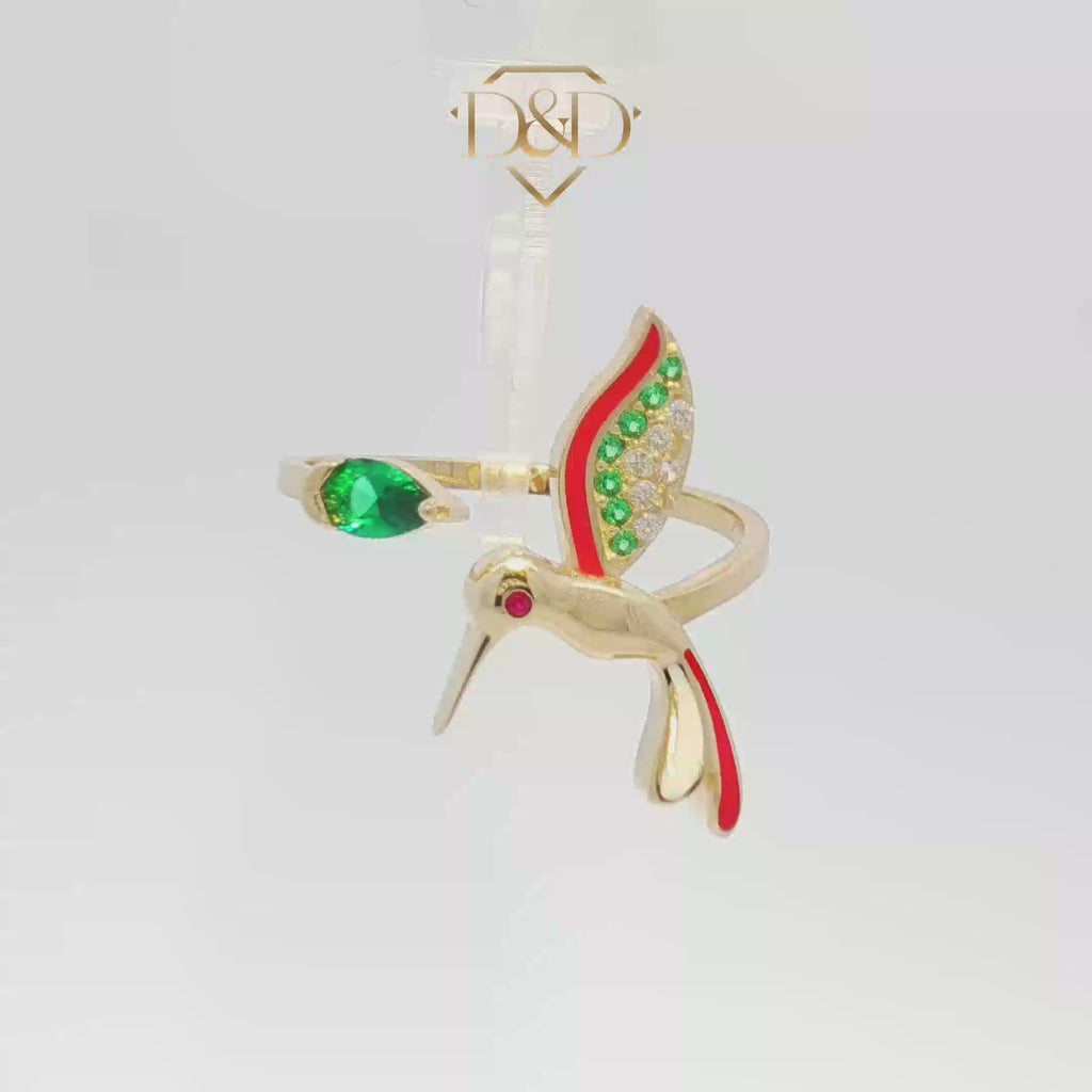 14K Hummingbird Ring with CZ's