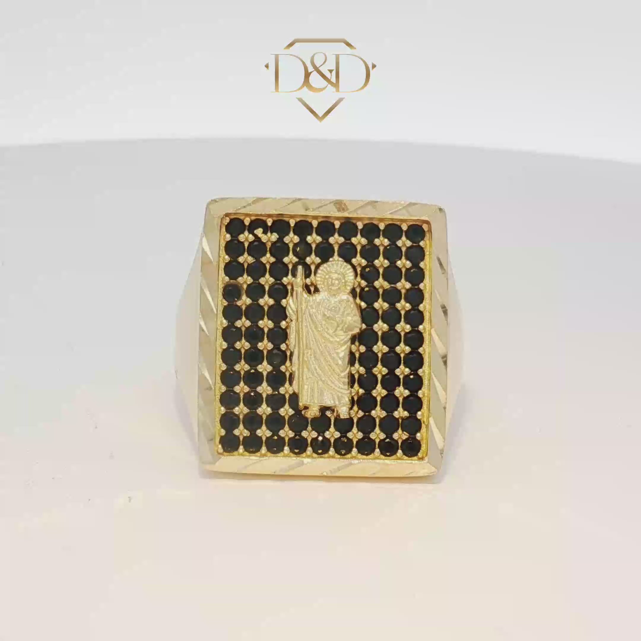 14K Yellow Gold San Judas Ring with Onyx