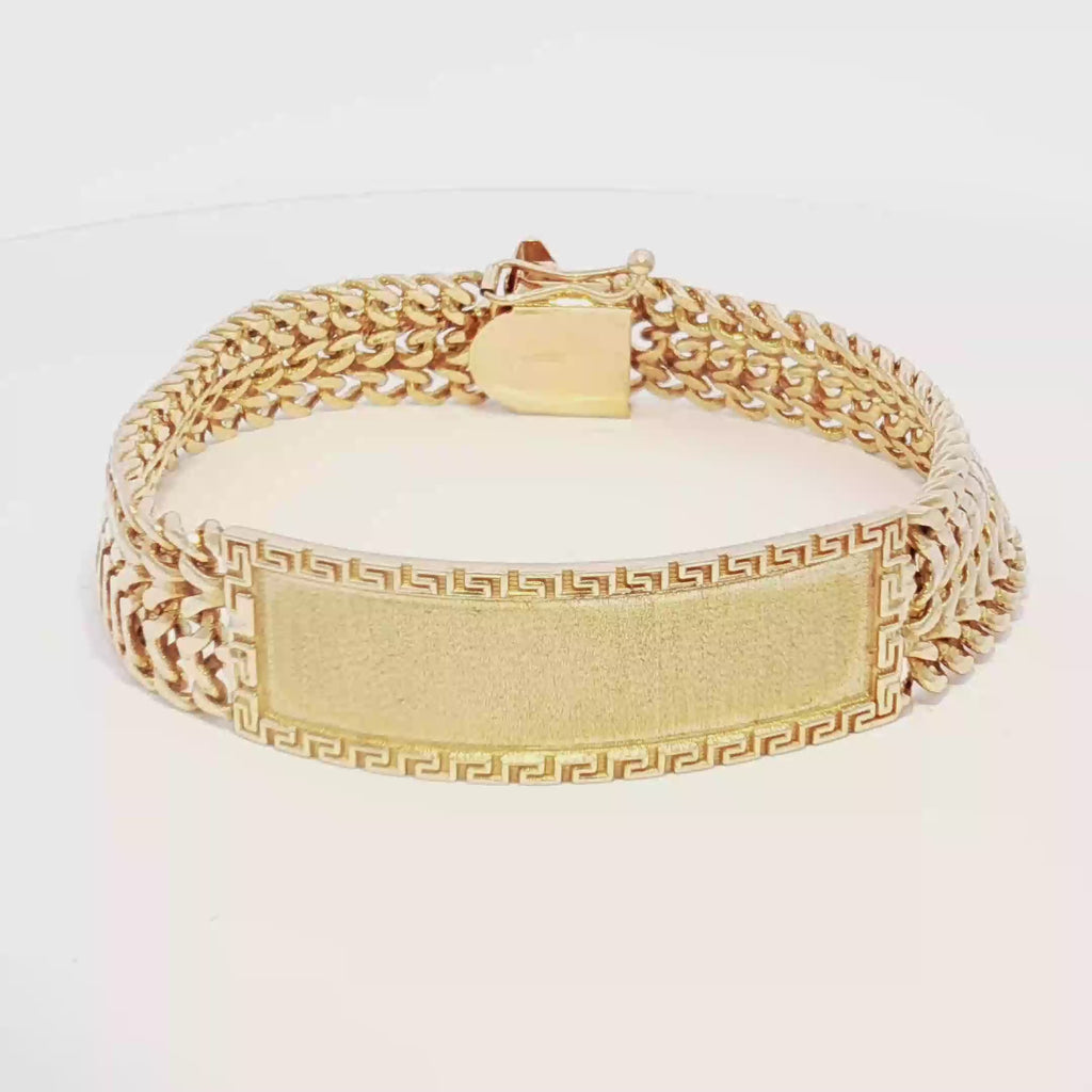 14k Gold Solid Petatillo ID Bracelet with Greek Key Design 14mm.