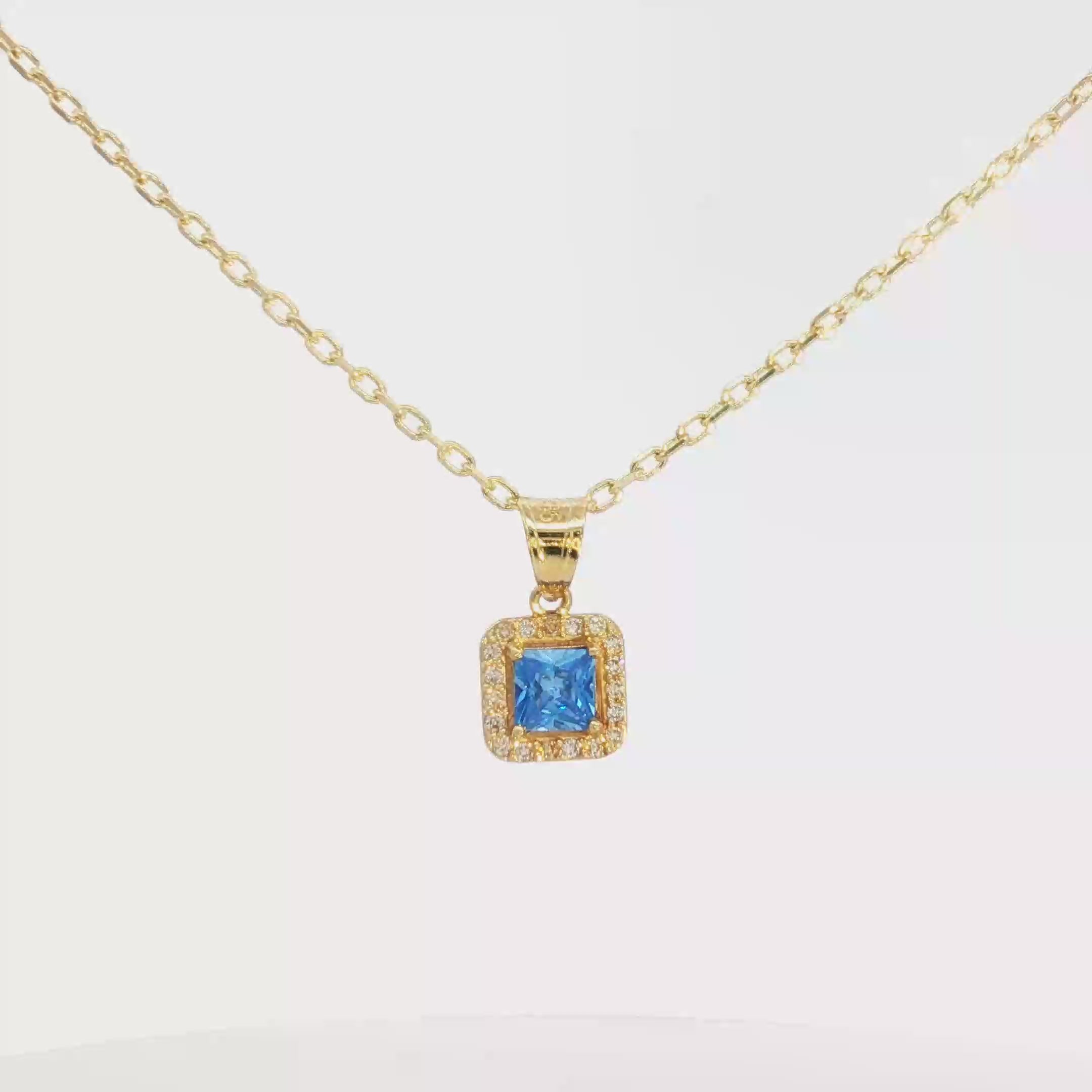 Yellow Gold Charm Necklace with Square Blue CZ