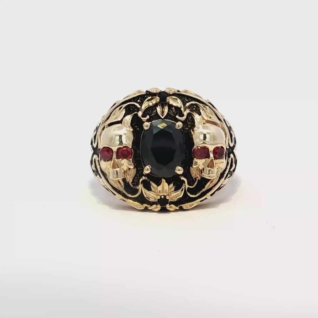 14K Yellow Gold Signet Ring with Round Onyx and Skull Details
