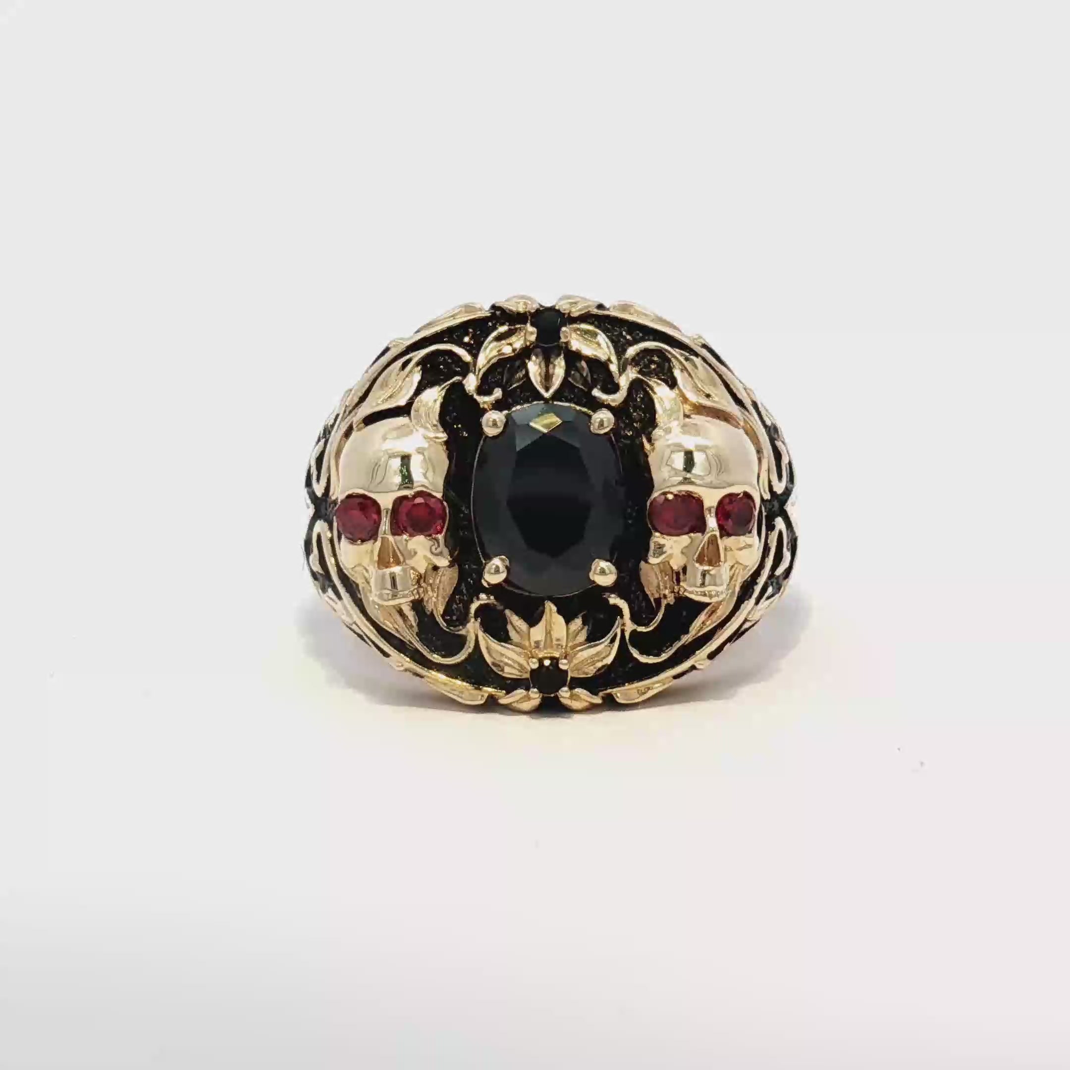 14K Yellow Gold Signet Ring with Round Onyx and Skull Details